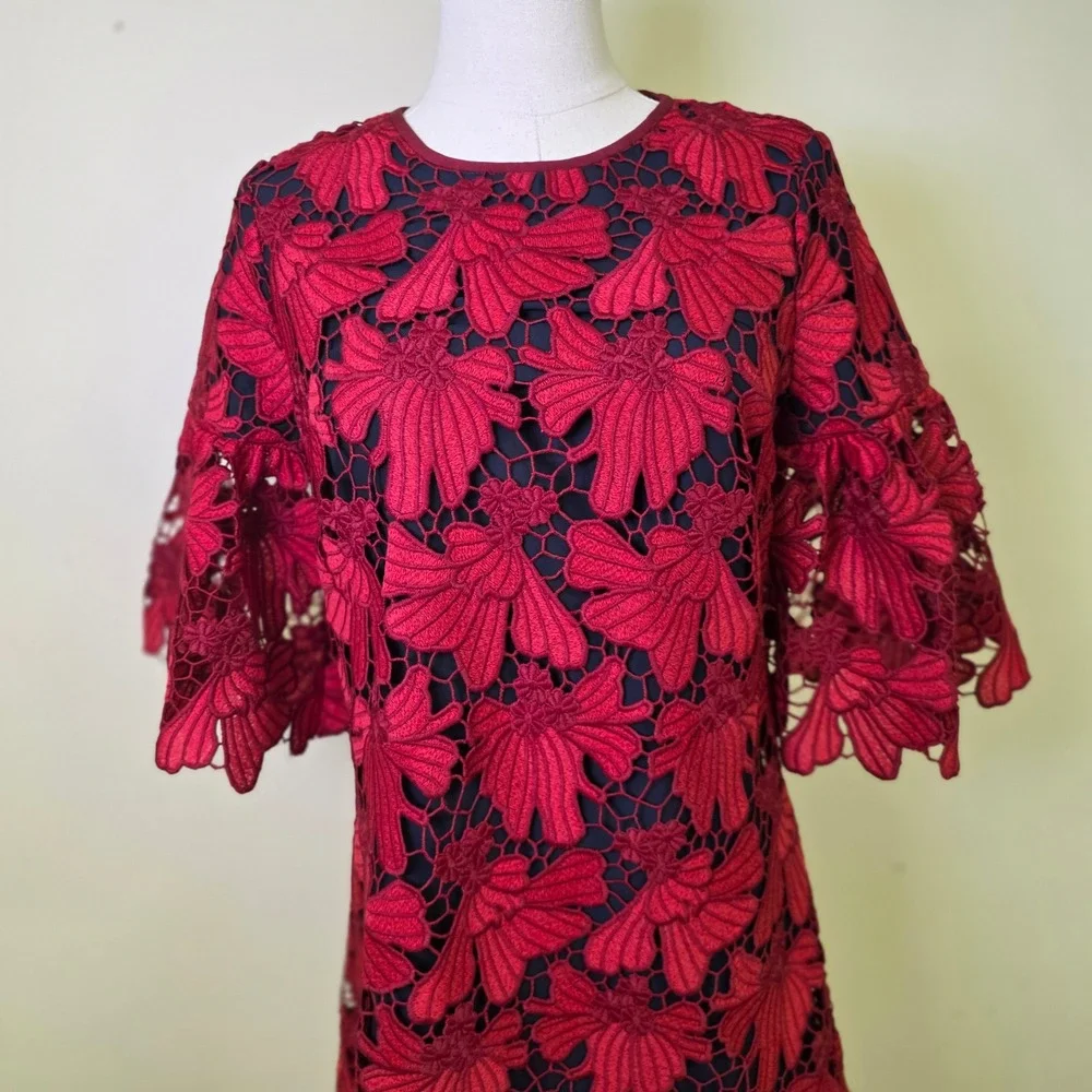 Tory Burch Floral Guipure Lace Shift‎ Dress Red Bell Sleeve Womens 4 Excellent